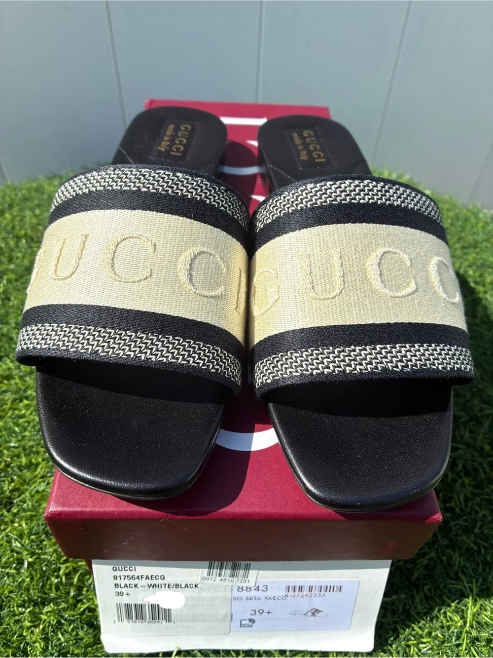 GUCCI JANE EMBROIDERED LOGO BLACK IVORY JACQUARD LEATHER SANDALS SZ 39.5 NEW